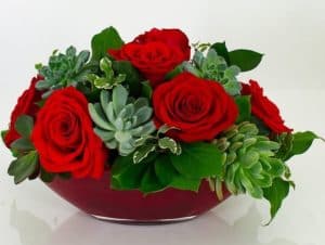Love, so exciting and new.......send the Currans Love Boat for a contemporary twist on a classic theme. We've taken red roses and combined them with succulents in our imported Dutch Roger Bowl.