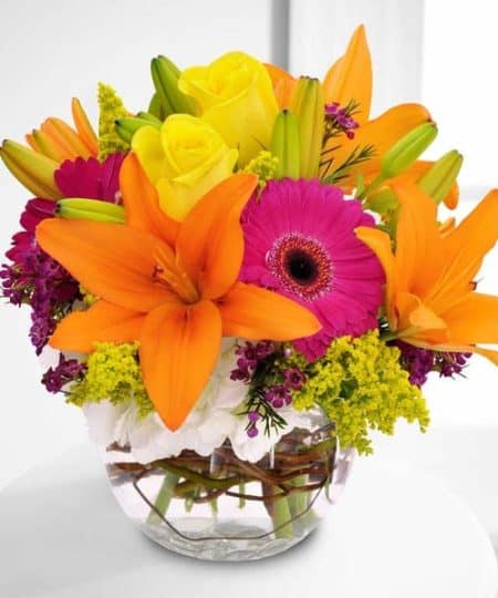 Bright bubble bowl featuring roses, gerbera daisies, lilies and hydrangea - a true summer daze...for any day of the year.